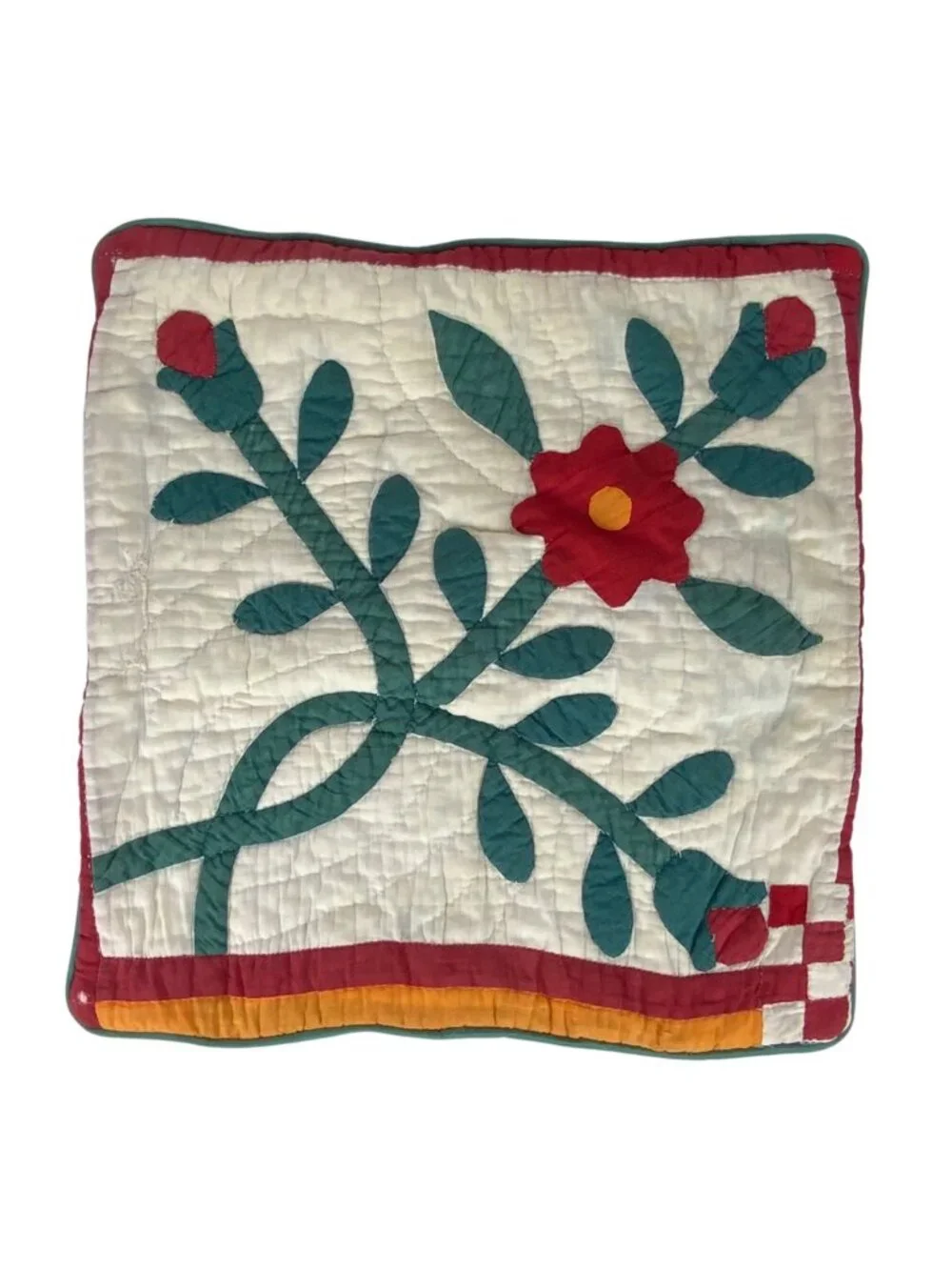 Vintage Handmade Floral Appliqué Pillow Cover 20x20 Square Red Green White